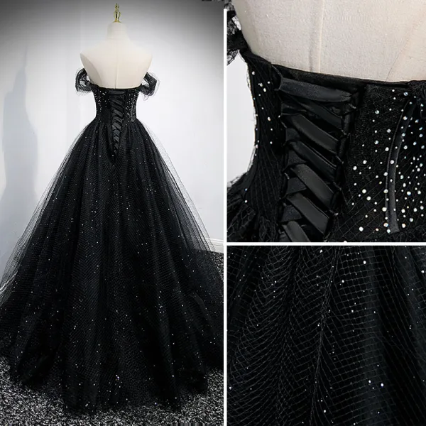 Charmant Noire Paillettes Robe De Bal 2021 Princesse De l'épaule Manches Courtes Dos Nu Longue Promo Robe De Ceremonie