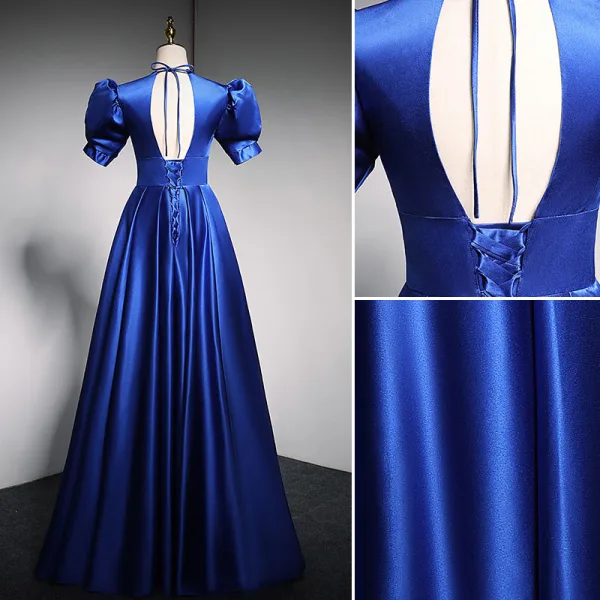 Vintage / Retro Royal Blue Prom Dresses 2021 A-Line / Princess V-Neck Puffy Short Sleeve Backless Floor-Length / Long Satin Formal Dresses