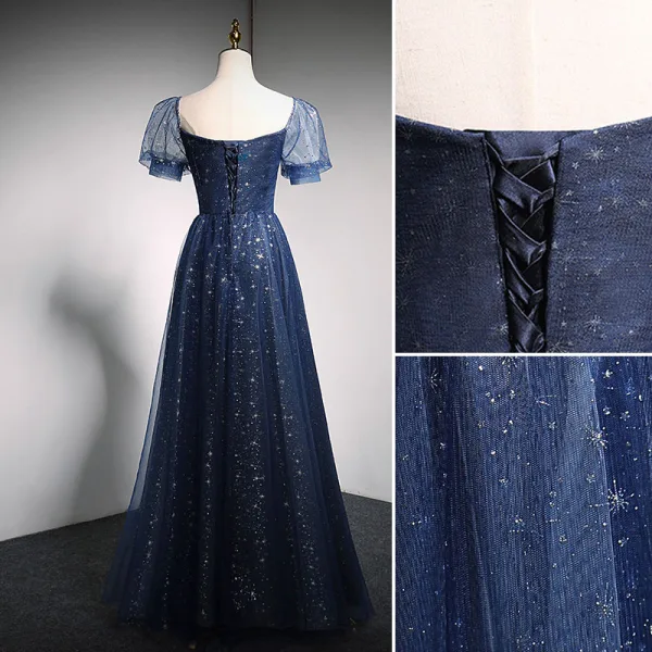 Charmant Bleu Marine Étoile Paillettes Robe De Bal 2021 Princesse V-Cou Manches Courtes Dos Nu Longue Robe De Ceremonie
