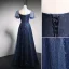 Charmant Bleu Marine Étoile Paillettes Robe De Bal 2021 Princesse V-Cou Manches Courtes Dos Nu Longue Robe De Ceremonie