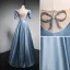 Fashion Sky Blue Satin Prom Dresses 2021 A-Line / Princess Square Neckline Short Sleeve Backless Sequins Bow Floor-Length / Long Formal Dresses