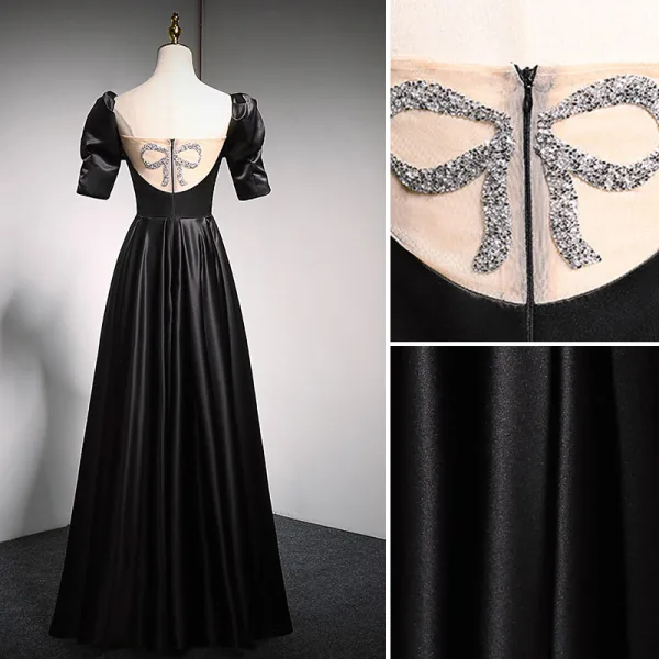 Chic Noire Satin Robe De Bal 2021 Princesse Encolure Carrée Gonflée Manches Courtes Dos Nu Paillettes Noeud Longue Robe De Ceremonie