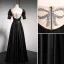 Chic Noire Satin Robe De Bal 2021 Princesse Encolure Carrée Gonflée Manches Courtes Dos Nu Paillettes Noeud Longue Robe De Ceremonie