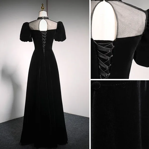 Elegant Black Suede Prom Dresses 2021 A-Line / Princess High Neck Bow Puffy Short Sleeve Backless Floor-Length / Long Formal Dresses