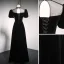 Elegant Black Suede Prom Dresses 2021 A-Line / Princess High Neck Bow Puffy Short Sleeve Backless Floor-Length / Long Formal Dresses