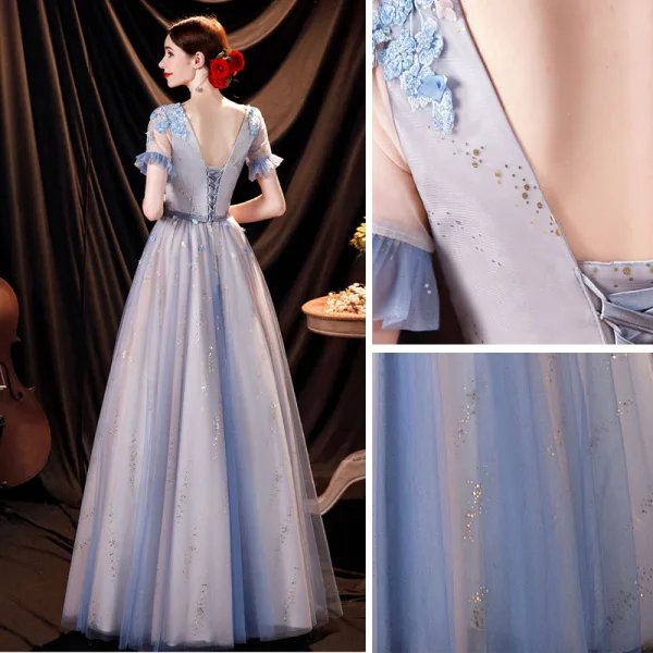 Charmant Bleu Ciel Appliques Robe De Bal 2021 Princesse Encolure Dégagée Perlage Paillettes En Dentelle Fleur Manches de cloche Dos Nu Longue Robe De Ceremonie