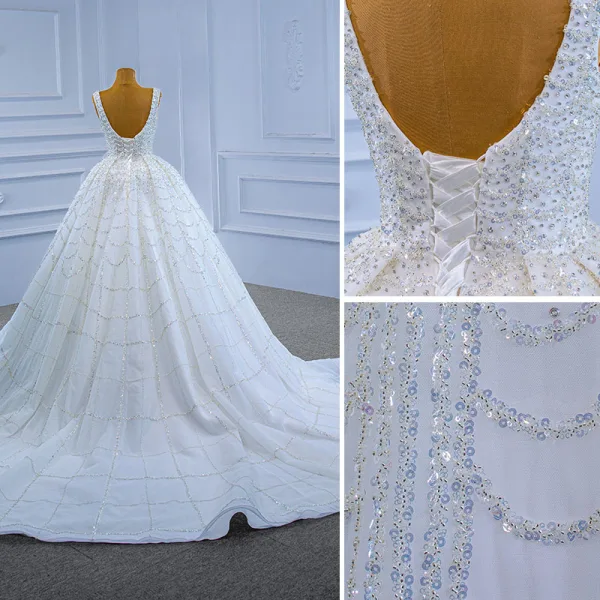 High End Weiß Glanz Perlenstickerei Pailletten Brautkleider / Hochzeitskleider 2021 Ballkleid Eckiger Ausschnitt Ärmellos Rückenfreies Kathedrale Schleppe Hochzeit