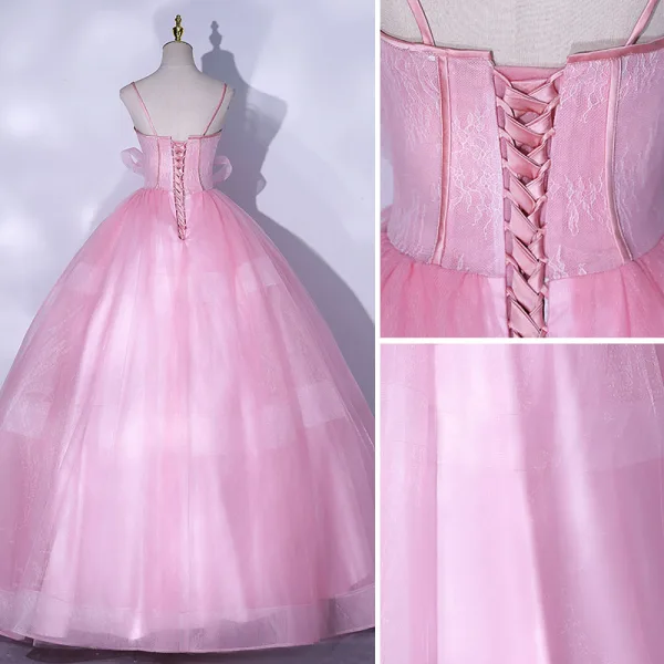 Schöne Pink Ballkleider 2021 Ballkleid Spaghettiträger Ärmellos Rückenfreies Schleife Lange Ball Festliche Kleider