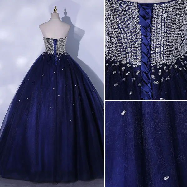 Chic / Belle Bleu Marine Robe De Bal 2021 Robe Boule Bustier Perlage Paillettes Sans Manches Dos Nu Longue Robe De Ceremonie