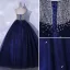Chic / Belle Bleu Marine Robe De Bal 2021 Robe Boule Bustier Perlage Paillettes Sans Manches Dos Nu Longue Robe De Ceremonie