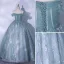 Chic / Beautiful Sage Green Glitter Prom Dresses 2021 Ball Gown Off-The-Shoulder Beading Sequins Short Sleeve Backless Floor-Length / Long Formal Dresses