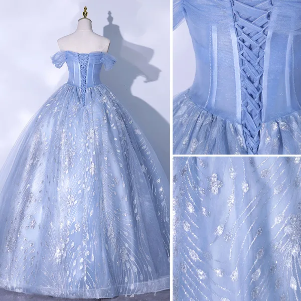 Élégant Bleu Ciel Glitter Perlage Paillettes Robe De Bal 2021 De l'épaule Manches Courtes Dos Nu Longue Robe De Ceremonie