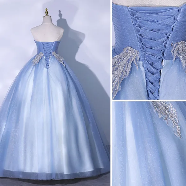 Elegant Sky Blue Prom Dresses 2021 Ball Gown Strapless Beading Sequins Lace Flower Sleeveless Backless Floor-Length / Long Formal Dresses