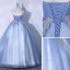 Elegant Sky Blue Prom Dresses 2021 Ball Gown Strapless Beading Sequins Lace Flower Sleeveless Backless Floor-Length / Long Formal Dresses