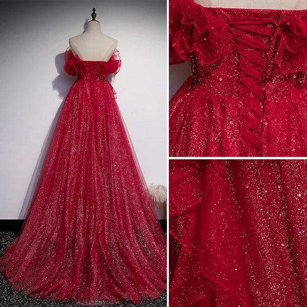 Charmant Burgunderrot Glanz Ballkleider 2021 A Linie Bandeau Perlenstickerei Strass Ärmellos Rückenfreies Sweep / Pinsel Zug Ball Festliche Kleider