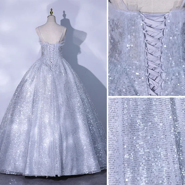Glitzernden Charmant Pailletten Silber Ballkleider 2021 A Linie Spaghettiträger Ärmellos Rückenfreies Lange Festliche Kleider