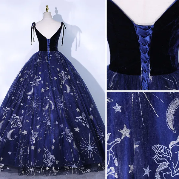 Chic / Beautiful Navy Blue Suede Prom Dresses 2021 Ball Gown Spaghetti Straps Lace Flower Sleeveless Backless Floor-Length / Long Formal Dresses