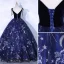 Chic / Beautiful Navy Blue Suede Prom Dresses 2021 Ball Gown Spaghetti Straps Lace Flower Sleeveless Backless Floor-Length / Long Formal Dresses