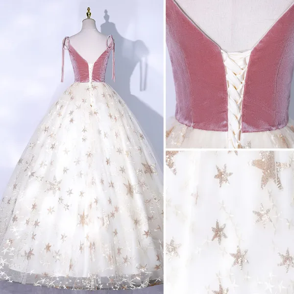 Charmant Rougissant Rose Robe De Bal 2021 Robe Boule V-Cou En Dentelle Paillettes Étoile Sans Manches Dos Nu Longue Robe De Ceremonie