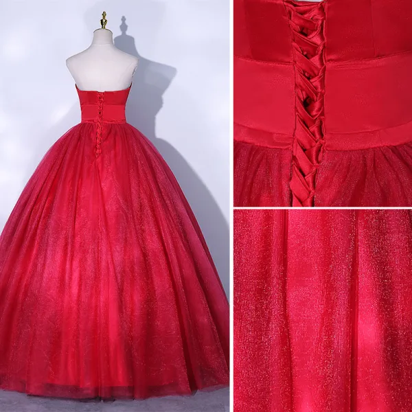 Chic / Beautiful Red Prom Dresses Ball Gown 2021 Strapless Sleeveless Backless Floor-Length / Long Prom Formal Dresses