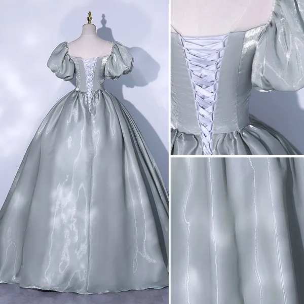 Chic Gris Vert Robe De Bal 2021 Robe Boule Encolure Dégagée Gonflée Manches Courtes Dos Nu Longue Robe De Ceremonie