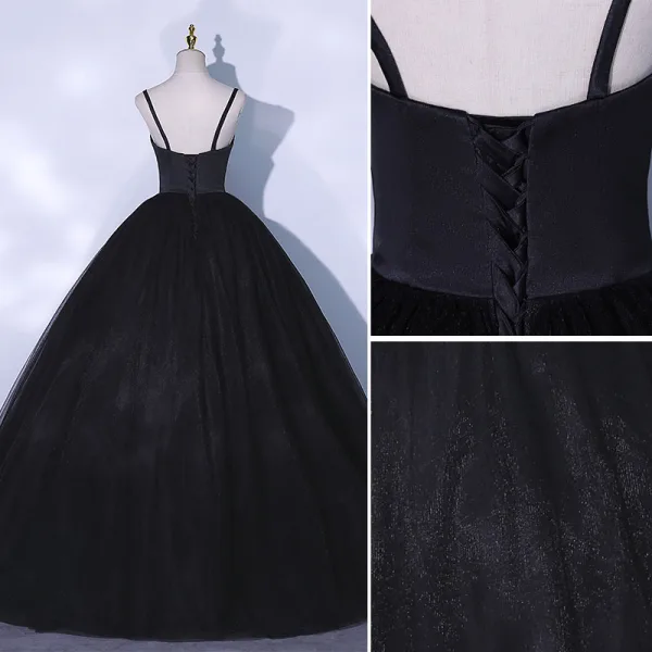 Chic / Belle Noire Robe De Bal 2021 Bretelles Spaghetti Sans Manches Dos Nu Longue Robe De Ceremonie