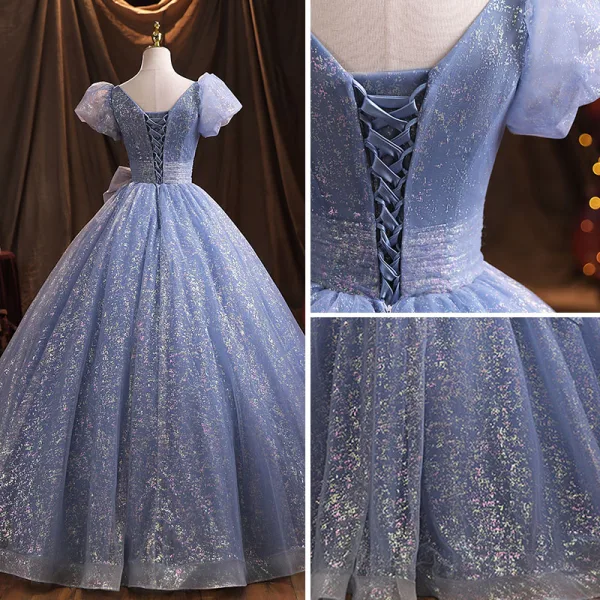 Scintillantes Bleu Ciel Glitter Robe De Bal 2021 Robe Boule Encolure Dégagée Gonflée Manches Courtes Noeud Dos Nu Longue Robe De Ceremonie