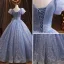 Scintillantes Bleu Ciel Glitter Robe De Bal 2021 Robe Boule Encolure Dégagée Gonflée Manches Courtes Noeud Dos Nu Longue Robe De Ceremonie