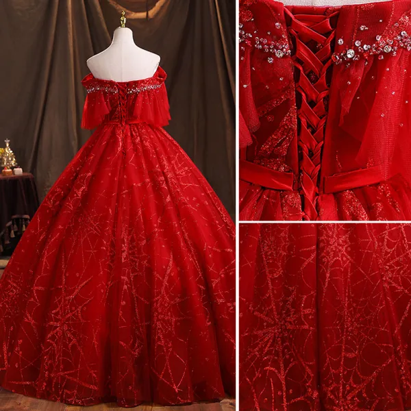 Charmant Bordeaux Paillettes Robe De Bal 2021 Robe Boule Bustier Manches Courtes Dos Nu Perlage Ceinture Longue Promo Robe De Ceremonie