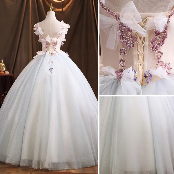 Mode Bleu Ciel Robe De Bal 2021 Robe Boule V-Cou Perlage Perle Faux Diamant Noeud Sans Manches Dos Nu Longue Robe De Ceremonie