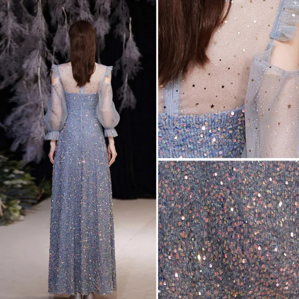 Sparkly Sky Blue Beading Sequins Evening Dresses 2021 A-Line / Princess Scoop Neck 3/4 Sleeve Evening Party Floor-Length / Long Formal Dresses