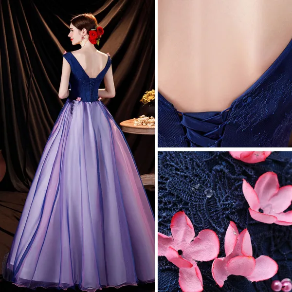 Fée Des Fleurs Bleu Marine Robe De Bal 2021 Princesse V-Cou Appliques En Dentelle Fleur Sans Manches Dos Nu Longue Robe De Ceremonie