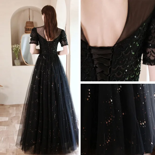 Charmant Noire Perlage Paillettes Robe De Bal 2021 Princesse Col Haut Manches Courtes Dos Nu Longue Robe De Ceremonie