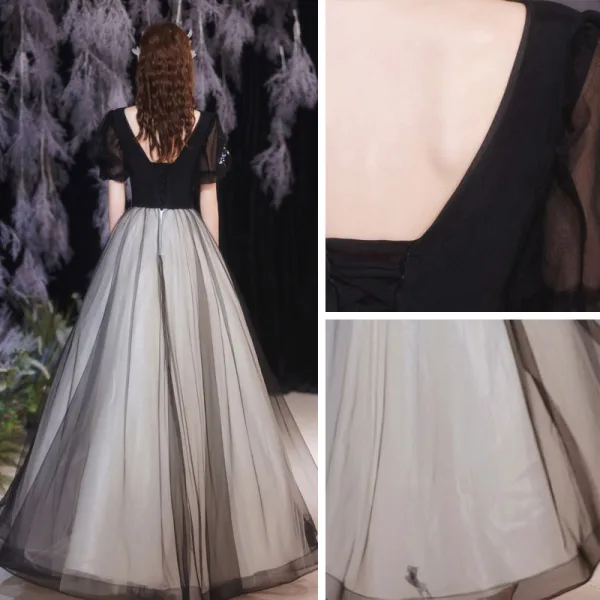Élégant Noire Robe De Bal 2021 Princesse Encolure Dégagée Paillettes En Dentelle Fleur Manches Courtes Dos Nu Longue Robe De Ceremonie