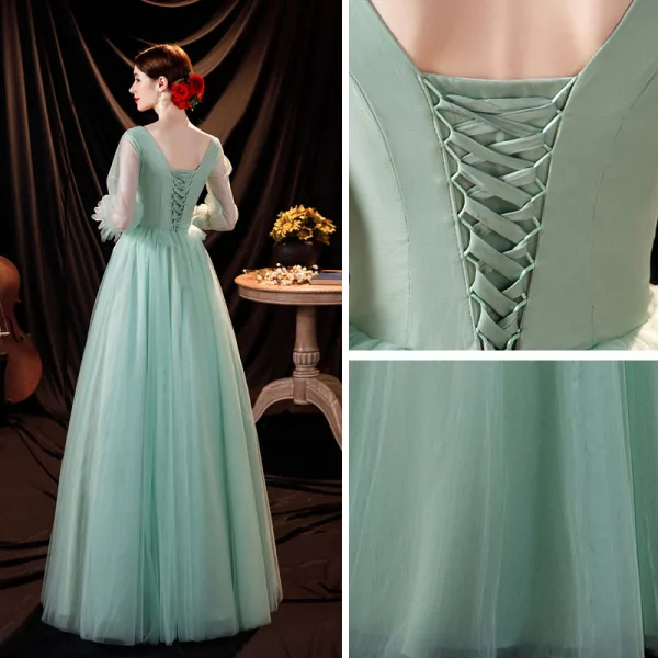 Chic / Beautiful Mint Green Prom Dresses 2021 A-Line / Princess V-Neck Bell sleeves Backless Pearl Sequins Lace Flower Floor-Length / Long Formal Dresses