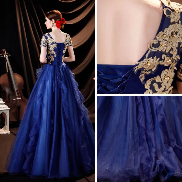 Élégant Bleu Roi Robe De Bal 2021 Princesse Encolure Dégagée Perlage En Dentelle Fleur Manches Courtes Dos Nu Longue Robe De Ceremonie