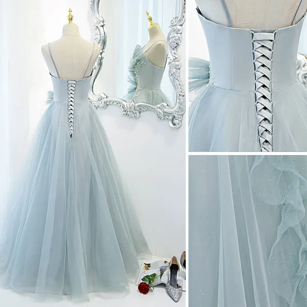 Élégant Bleu Ciel Volants Robe De Bal 2021 Princesse Bretelles Spaghetti Perlage Perle Paillettes Sans Manches Dos Nu Longue Robe De Ceremonie