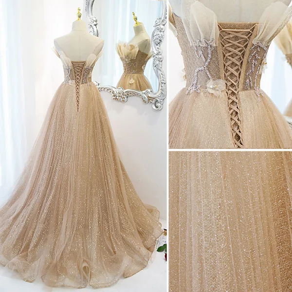 Glitzernden Champagner Pailletten Ballkleider A Linie 2021 Bandeau Ärmellos Perlenstickerei Applikationen Rückenfreies Lange Ball Festliche Kleider