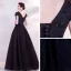 Elegant Black Prom Dresses 2021 A-Line / Princess V-Neck Beading Rhinestone Lace Flower Short Sleeve Backless Floor-Length / Long Formal Dresses