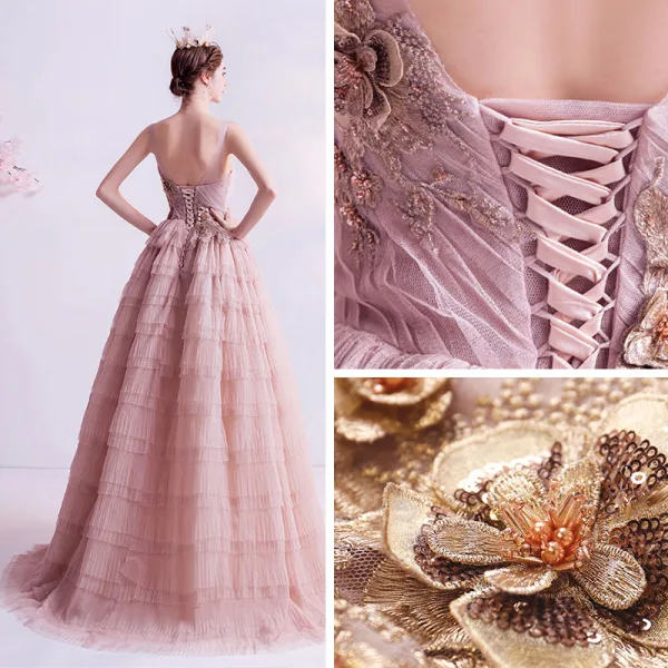 Chic / Belle Rougissant Rose Volants en Cascade Robe De Bal 2021 Princesse Encolure Dégagée Perlage Perle Paillettes En Dentelle Fleur Sans Manches Dos Nu Longue Robe De Ceremonie