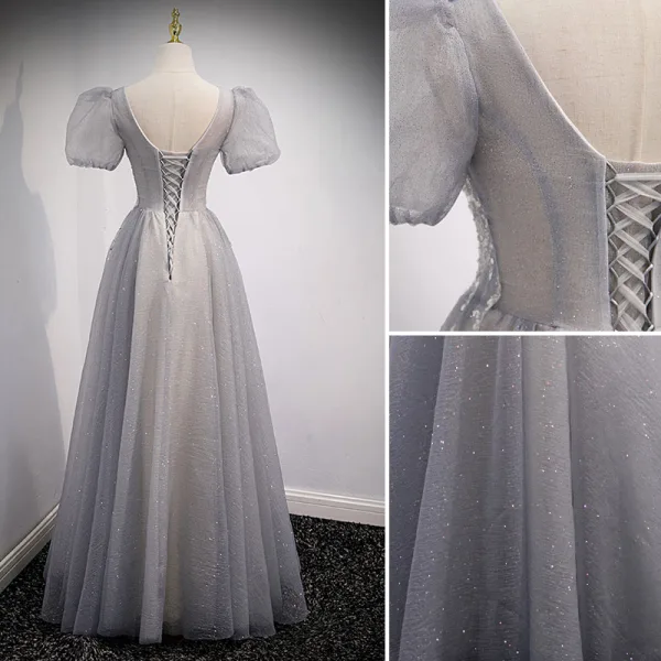 Charming Grey Prom Dresses 2021 A-Line / Princess V-Neck Beading Sequins Puffy Short Sleeve Backless Floor-Length / Long Formal Dresses