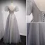 Charming Grey Prom Dresses 2021 A-Line / Princess V-Neck Beading Sequins Puffy Short Sleeve Backless Floor-Length / Long Formal Dresses