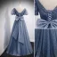 Charming Ocean Blue Spotted Prom Dresses 2021 A-Line / Princess V-Neck Puffy Short Sleeve Backless Bow Floor-Length / Long Prom Formal Dresses