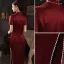 Chinesischer Stil Burgunderrot Satin Cheongsam 2021 Meerjungfrau Perle Stehkragen Kurze Ärmel Abend Lange Cheongsam