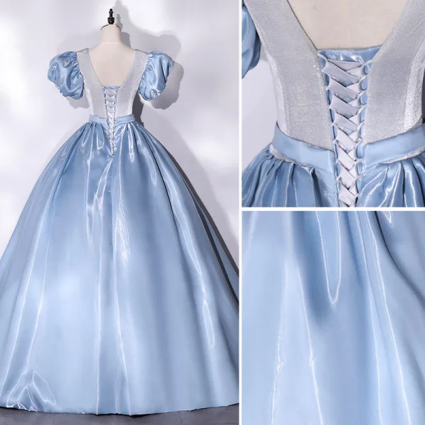 Cendrillon Mode Bleu Ciel Robe De Bal 2021 Robe Boule Satin V-Cou Volants Manches Courtes Cristal Ceinture Dos Nu Longue Robe De Ceremonie