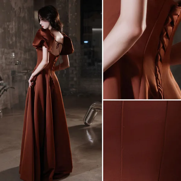 Elegant Coffee Satin Prom Dresses 2021 A-Line / Princess Square Neckline Puffy Short Sleeve Backless Floor-Length / Long Prom Formal Dresses