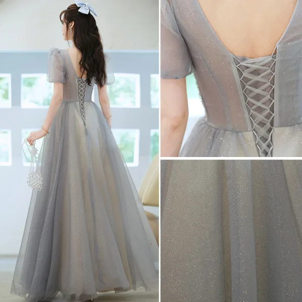 Élégant Gris Perlage Paillettes Robe De Bal 2021 Princesse V-Cou Manches Courtes Dos Nu Promo Longue Robe De Ceremonie