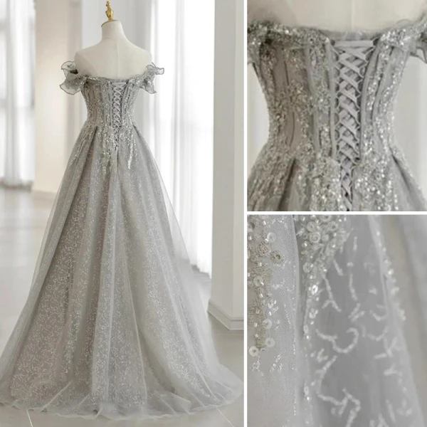 Charming Silver Beading Sequins Lace Flower Prom Dresses 2021 A-Line / Princess Off-The-Shoulder Short Sleeve Backless Floor-Length / Long Prom Formal Dresses