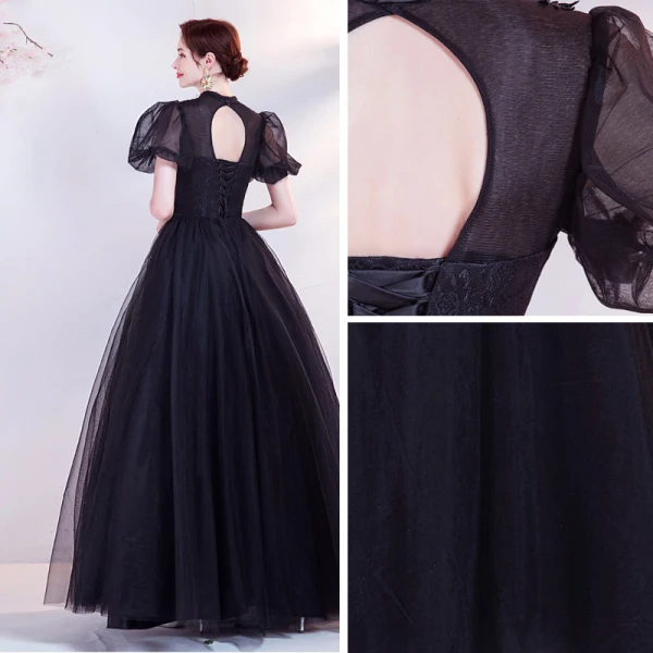 Élégant Noire En Dentelle Fleur Robe De Bal 2021 Princesse Col Haut Perle Faux Diamant Gonflée Manches Courtes Dos Nu Promo Longue Robe De Ceremonie