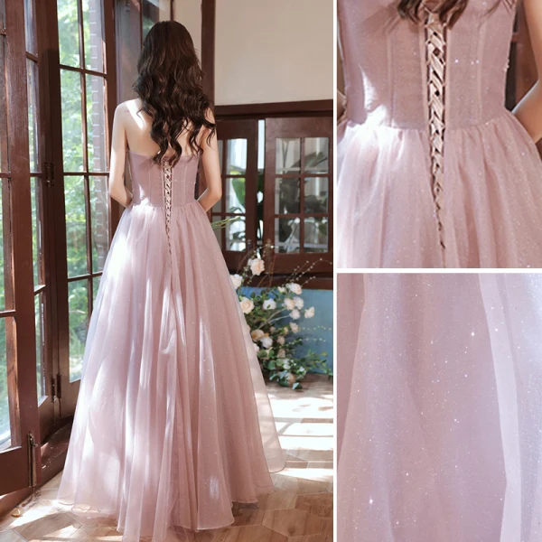 Chic / Beautiful Dusky Pink Glitter Prom Dresses 2021 A-Line / Princess Strapless Beading Sequins Lace Flower Sleeveless Backless Floor-Length / Long Formal Dresses